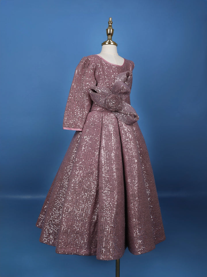 Onion Pink Sequins Design Kids Net Gown - Diadem