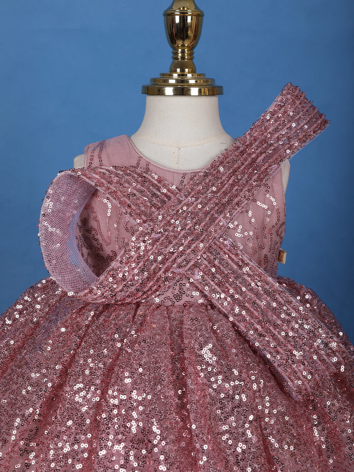 Onion Pink Sequins Design Kids Net Gown - Diadem