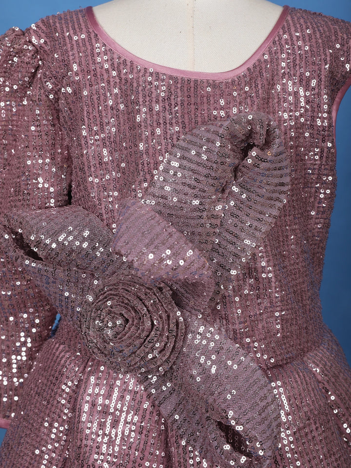 Onion Pink Sequins Design Kids Net Gown - Diadem