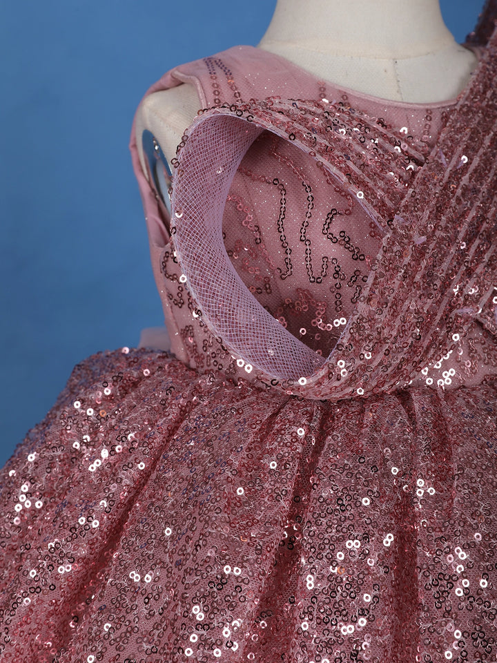 Onion Pink Sequins Design Kids Net Gown - Diadem