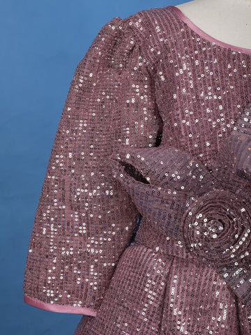 Onion Pink Sequins Design Kids Net Gown - Diadem