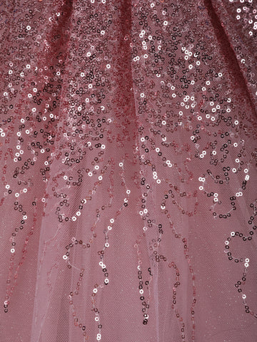 Onion Pink Sequins Design Kids Net Gown - Diadem