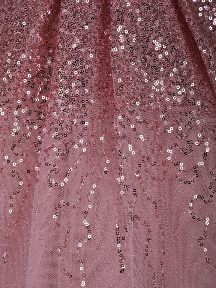 Onion Pink Sequins Design Kids Net Gown - Diadem