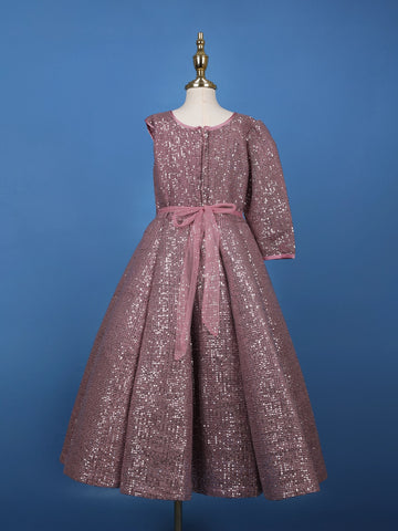 Onion Pink Sequins Design Kids Net Gown - Diadem