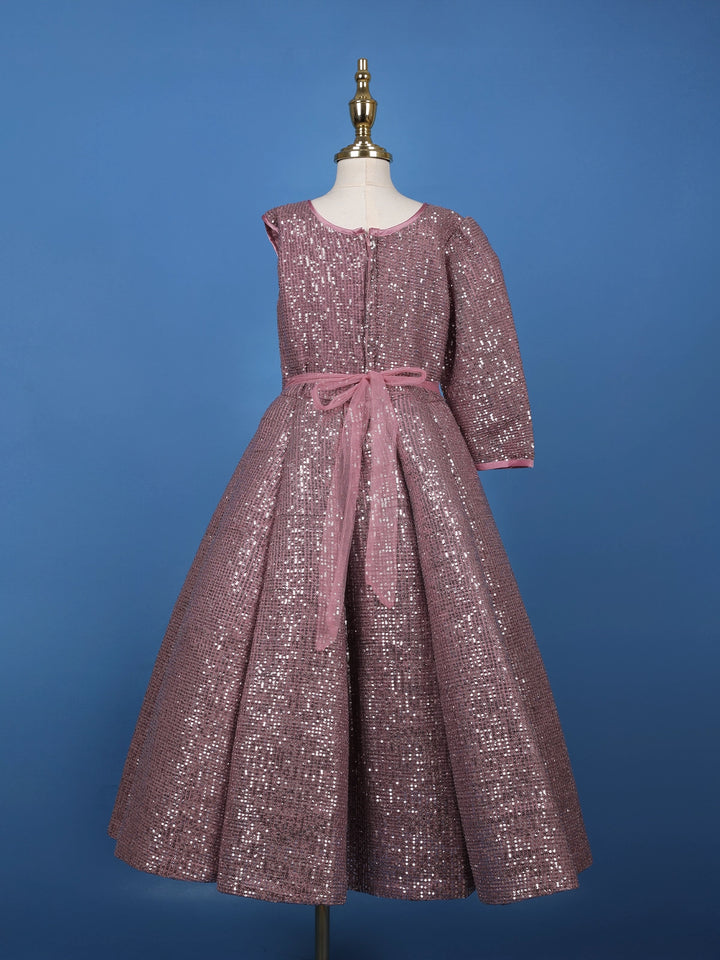 Onion Pink Sequins Design Kids Net Gown - Diadem