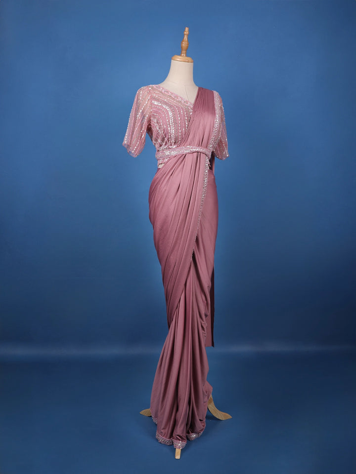 Onion Pink Sequins Embellished Satin Ready To Wear Saree - Diadem