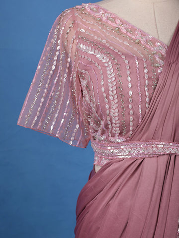 Onion Pink Sequins Embellished Satin Ready To Wear Saree - Diadem