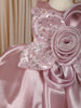 Onion Pink Sequins and Beads Embroidered Design Tissue Organza Kids Party Frock With 3D Floral Appliqué