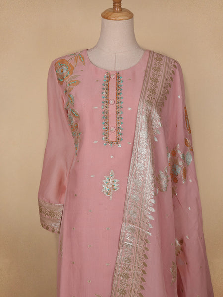 Onion Pink Floral Design Organza Salwar Suit - Diadem
