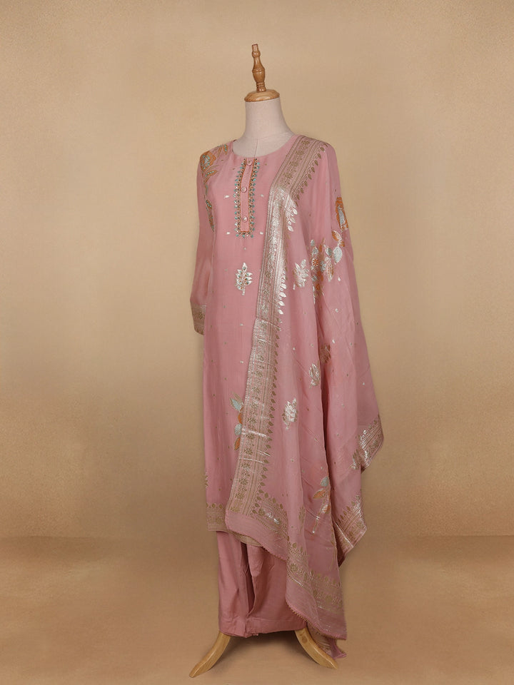Onion Pink Floral Design Organza Salwar Suit - Diadem
