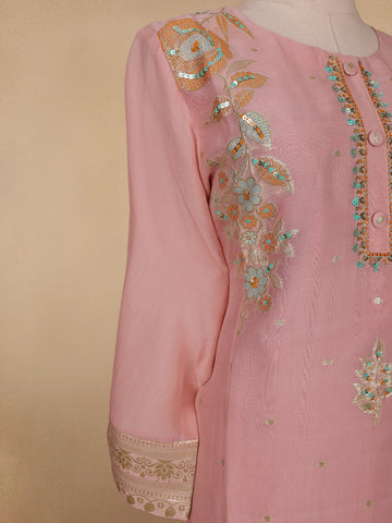 Onion Pink Floral Design Organza Salwar Suit - Diadem