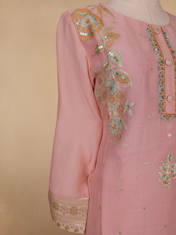Onion Pink Floral Design Organza Salwar Suit - Diadem