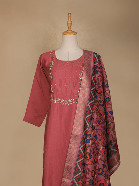 Onion Pink Floral Designed Cotton Salwar Suit - Diadem