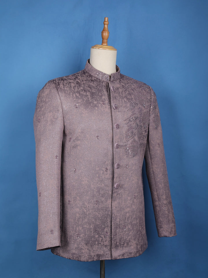 Onion Pink Floral Designed Jodhpuri Men's Suit - Diadem