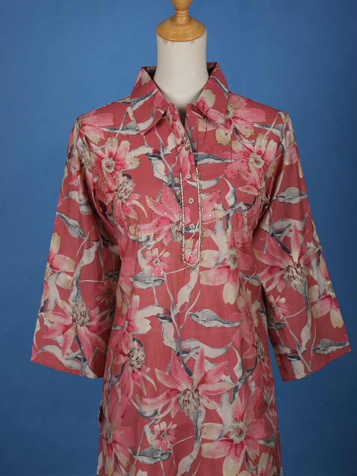 Onion Pink Floral Printed Cotton Salwar Suit - Diadem