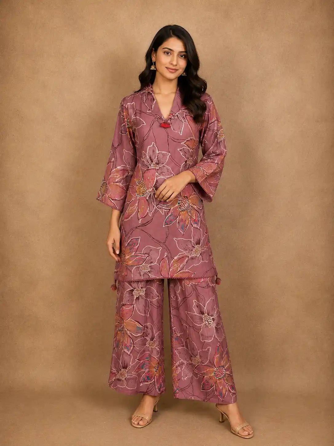 Onion Pink Floral Printed Design Cotton Co-ord Set