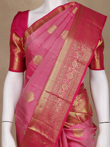 Onion Pink Floral Woven Pure Kanchipuram Silk Saree - Diadem