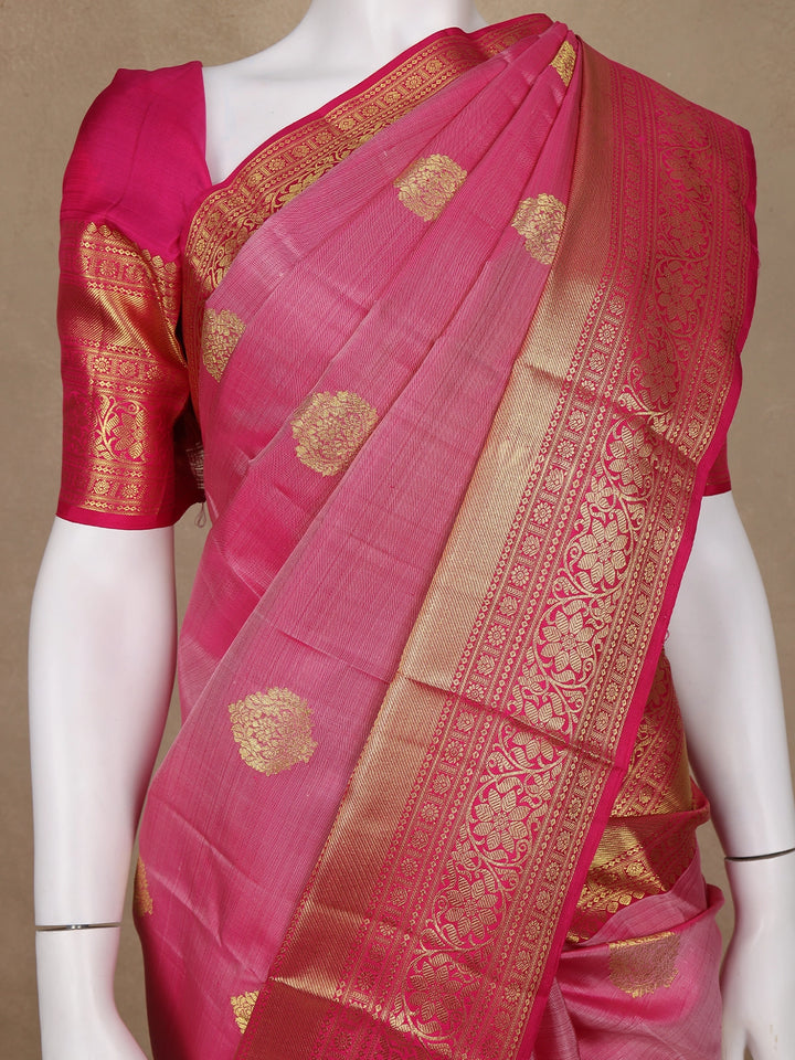 Onion Pink Floral Woven Pure Kanchipuram Silk Saree - Diadem