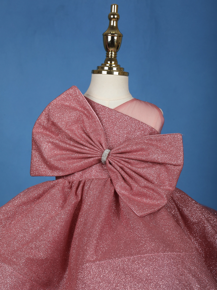 Onion Pink Glitter One-Shoulder Big Bow Net Frock - Diadem