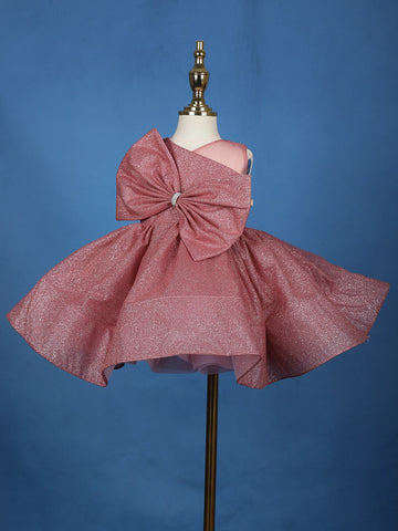 Onion Pink Glitter One-Shoulder Big Bow Net Frock - Diadem