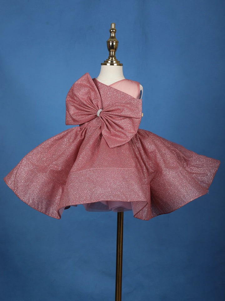 Onion Pink Glitter One-Shoulder Big Bow Net Frock - Diadem