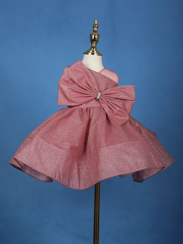 Onion Pink Glitter One-Shoulder Big Bow Net Frock - Diadem