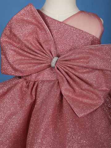 Onion Pink Glitter One-Shoulder Big Bow Net Frock - Diadem