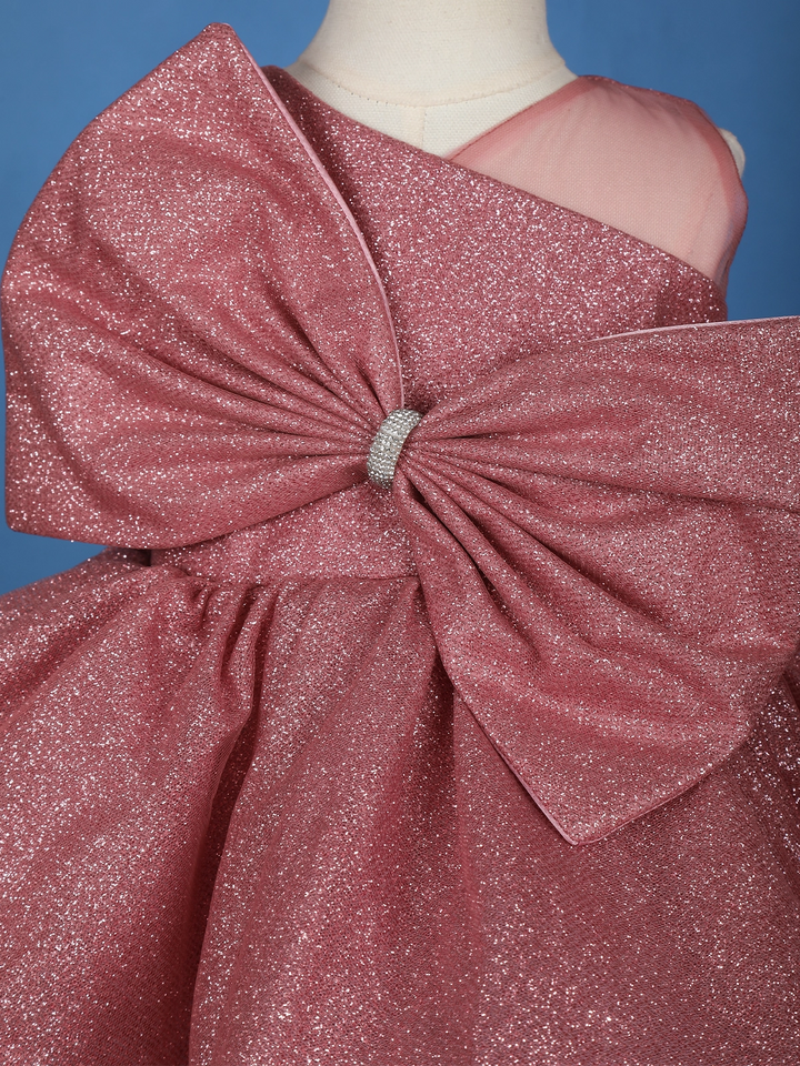 Onion Pink Glitter One-Shoulder Big Bow Net Frock - Diadem