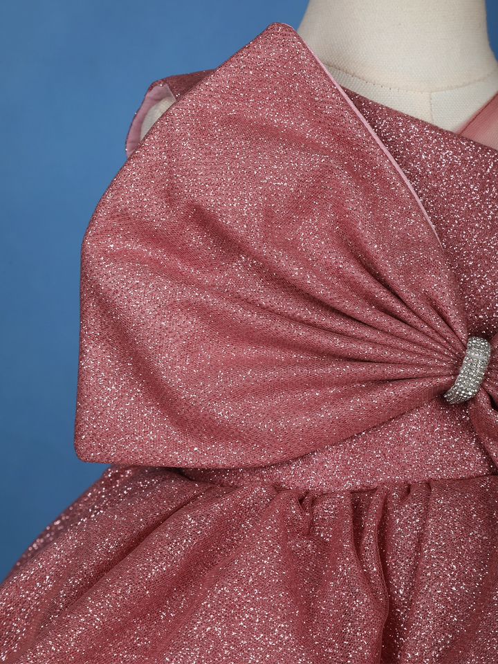 Onion Pink Glitter One-Shoulder Big Bow Net Frock - Diadem