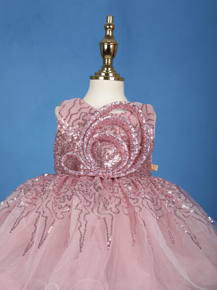 Onion Pink Glitter One-Shoulder Party Net Frock with Oversized Bow - Diadem