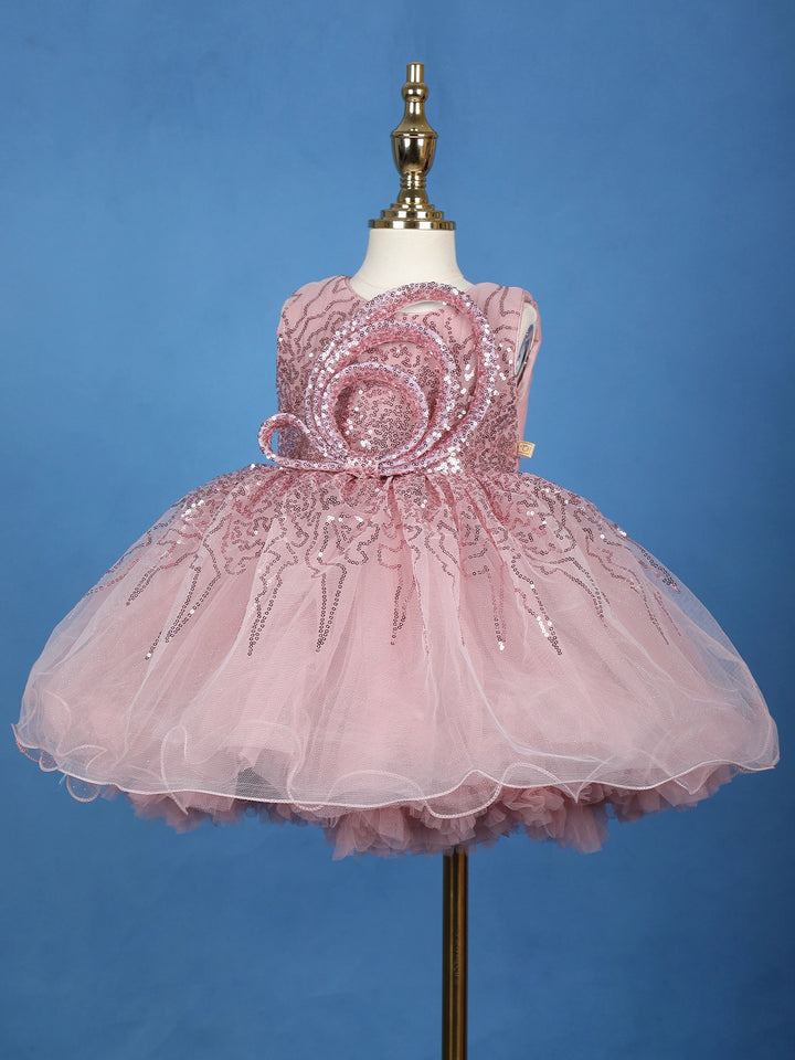 Onion Pink Glitter One-Shoulder Party Net Frock with Oversized Bow - Diadem