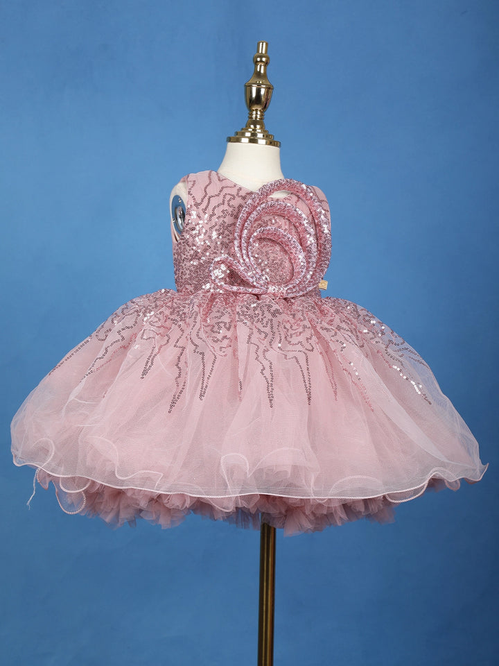 Onion Pink Glitter One-Shoulder Party Net Frock with Oversized Bow - Diadem
