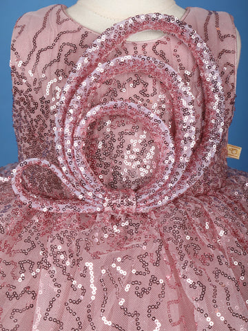 Onion Pink Glitter One-Shoulder Party Net Frock with Oversized Bow - Diadem