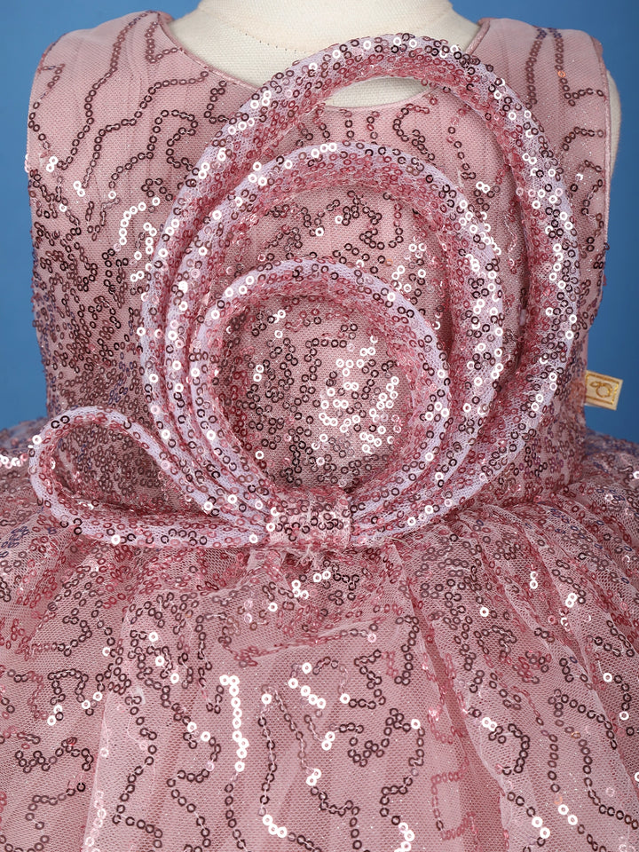 Onion Pink Glitter One-Shoulder Party Net Frock with Oversized Bow - Diadem