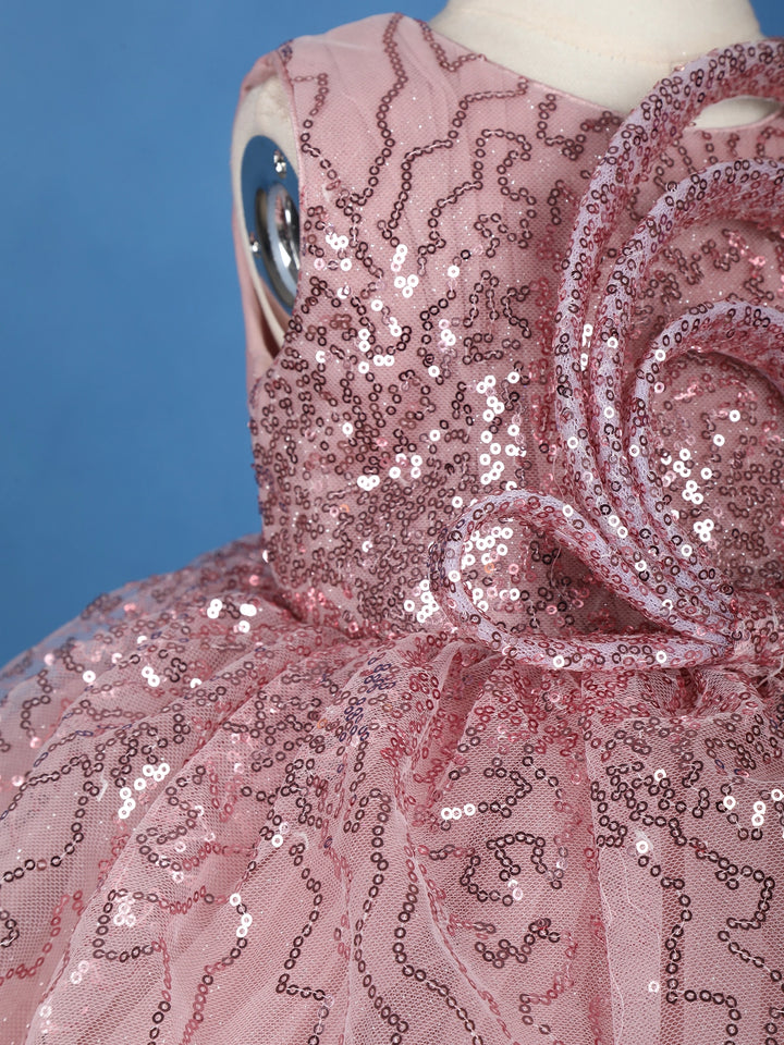 Onion Pink Glitter One-Shoulder Party Net Frock with Oversized Bow - Diadem