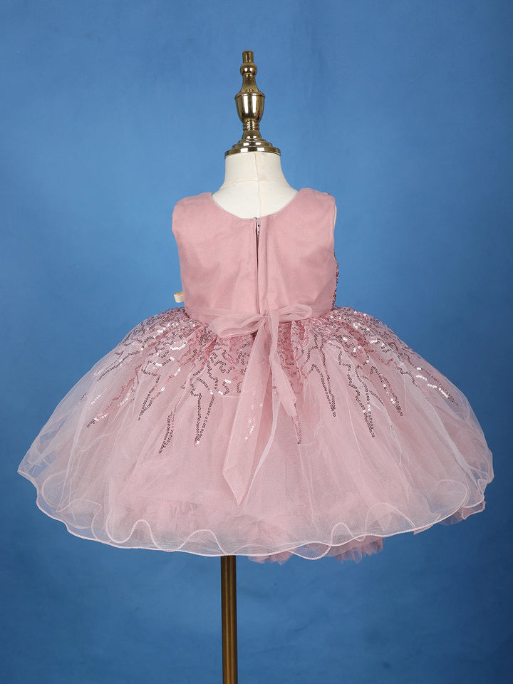 Onion Pink Glitter One-Shoulder Party Net Frock with Oversized Bow - Diadem