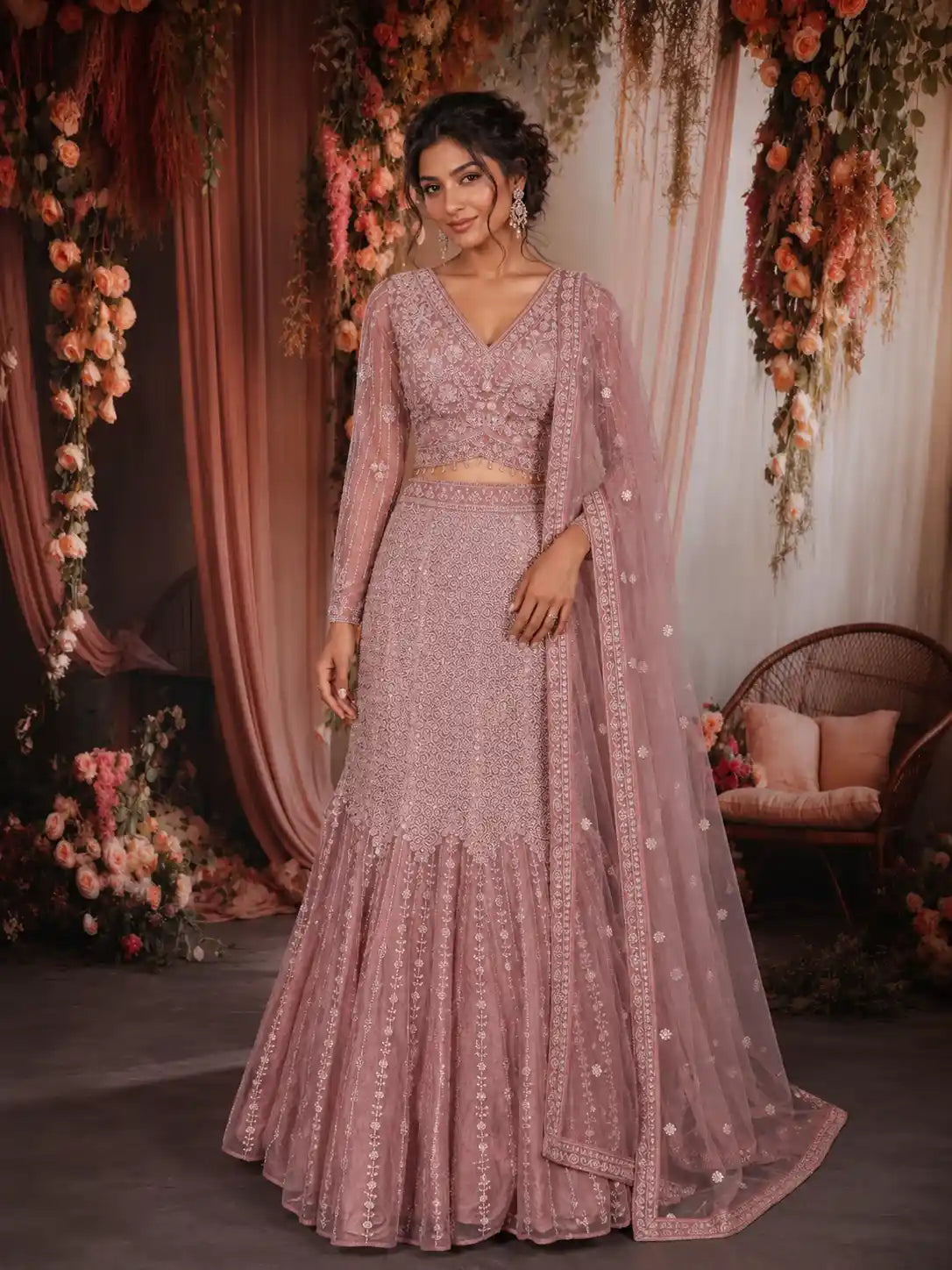 Onion Pink Heavy Sequins and Beads Embroidered Design Mermaid Net Lehenga With Dupatta