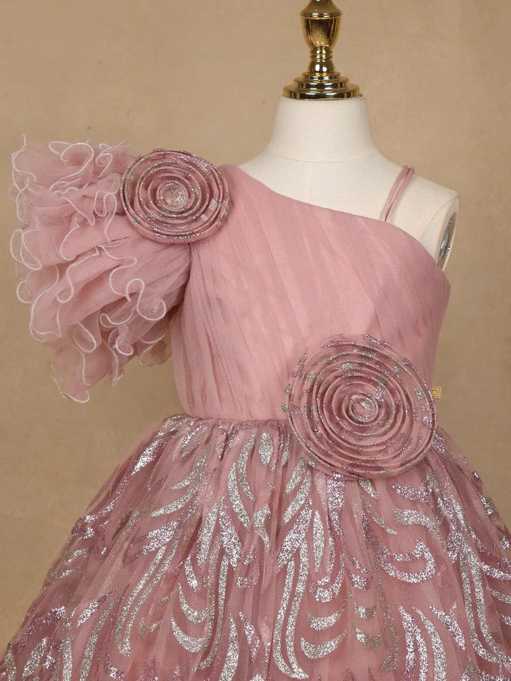 Onion Pink One-Shoulder Glitter Frock with 3D Spiral Rosettes - Diadem