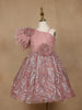 Onion Pink One-Shoulder Glitter Frock with 3D Spiral Rosettes - Diadem