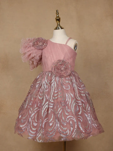Onion Pink One-Shoulder Glitter Frock with 3D Spiral Rosettes - Diadem
