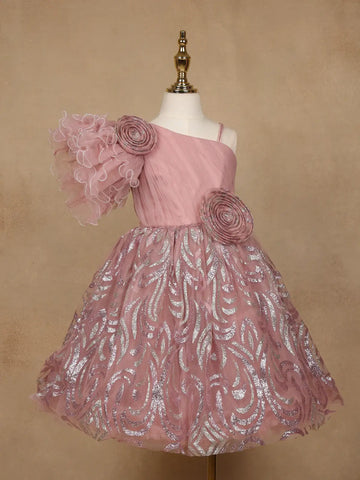 Onion Pink One-Shoulder Glitter Frock with 3D Spiral Rosettes - Diadem