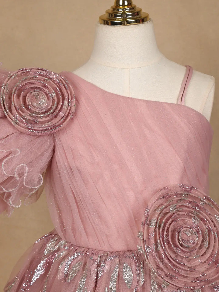 Onion Pink One-Shoulder Glitter Frock with 3D Spiral Rosettes - Diadem