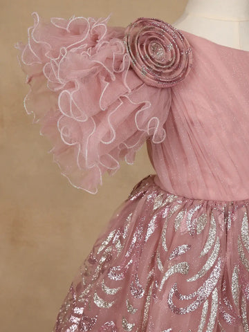 Onion Pink One-Shoulder Glitter Frock with 3D Spiral Rosettes - Diadem