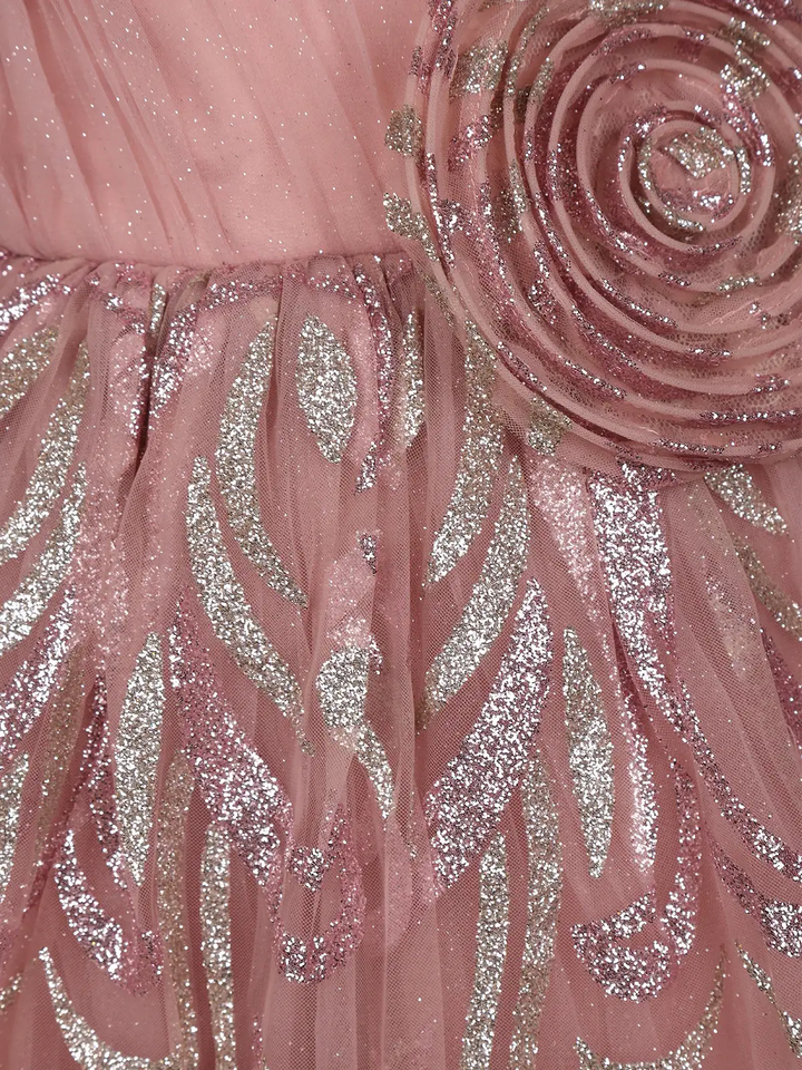 Onion Pink One-Shoulder Glitter Frock with 3D Spiral Rosettes - Diadem
