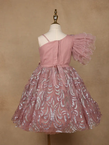 Onion Pink One-Shoulder Glitter Frock with 3D Spiral Rosettes - Diadem