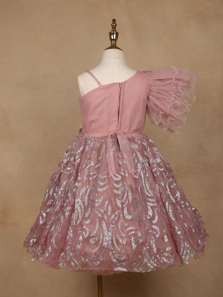 Onion Pink One-Shoulder Glitter Frock with 3D Spiral Rosettes - Diadem