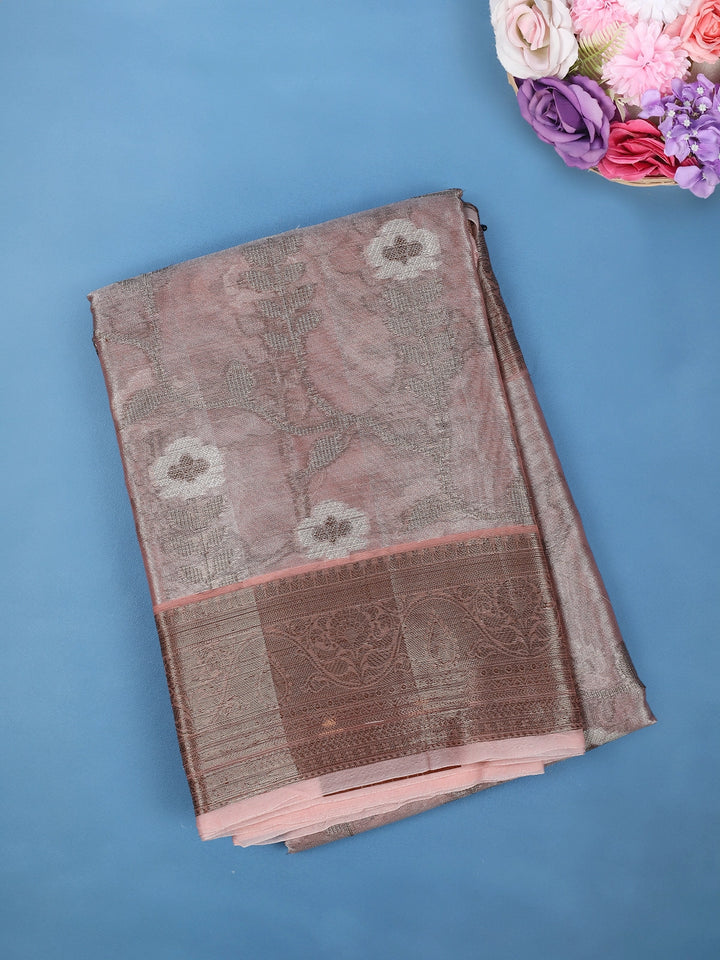 Onion Pink Floral Design Tissue Silk Saree - Diadem