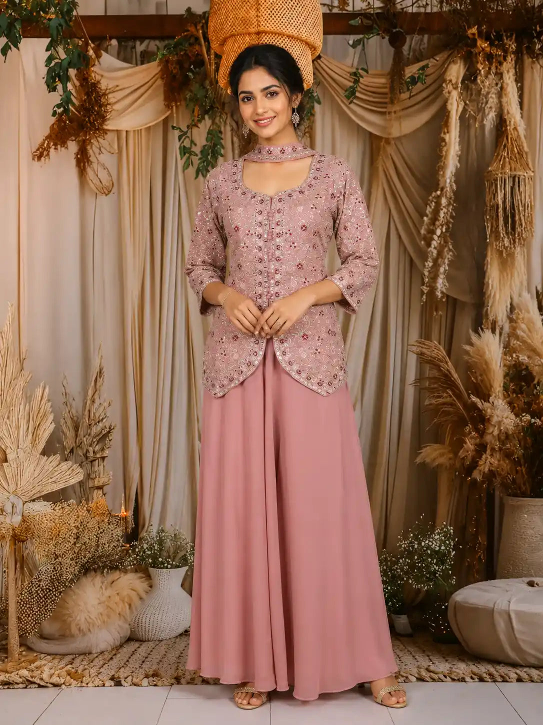 Onion Pink Sequins Design Georgette Palazzo Suit with Choker Dupatta