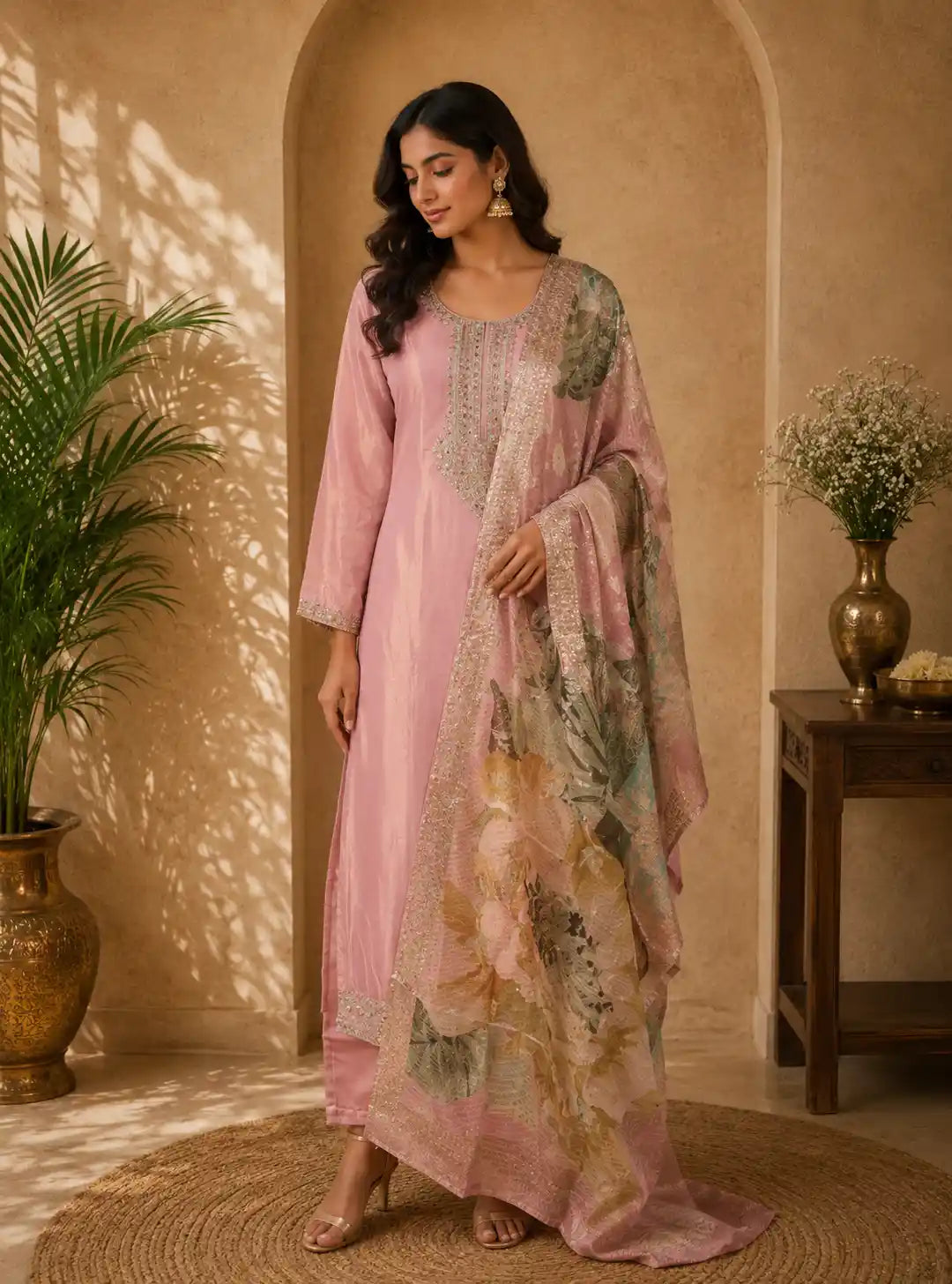 Onion Pink Sequins Zari Embroidered Design Tissue Straight Cut Salwar Suit