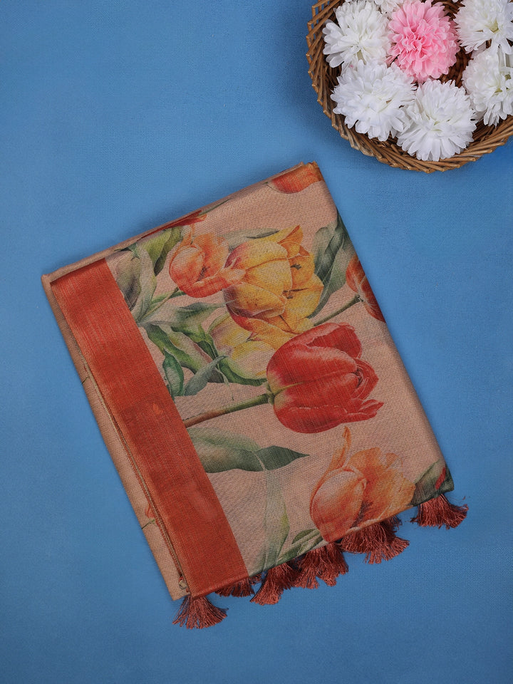 Orange Floral Design Semi Tissue Saree - Diadem